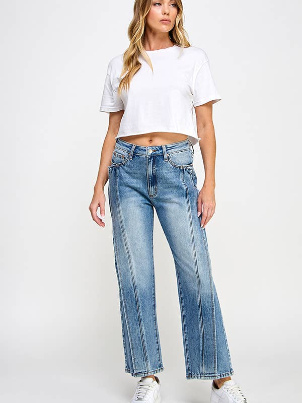 P8075ML- HØJHÆVET LIGE M/KLAP DETALJE STIV/STRÆKBAR for engroshandel hos SAIGE DENIM