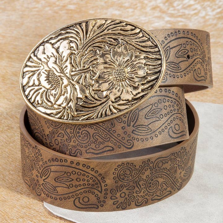 Collections by Fame Accessories - Wholesale Belt - Women's - Floral Buckle Paisley Pattern Vegan Leather Belt3