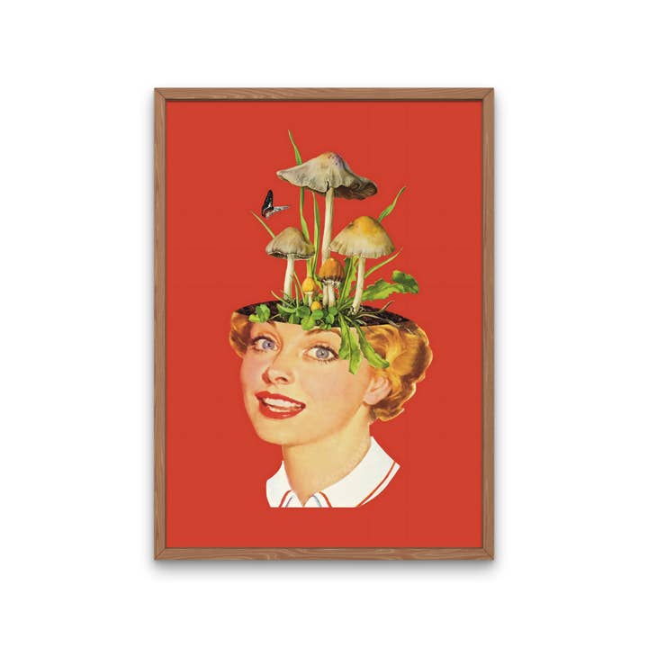 Mushroom Head Surreal Vintage Collage, Retro Trippy Art for wholesale by Lady Kady Art