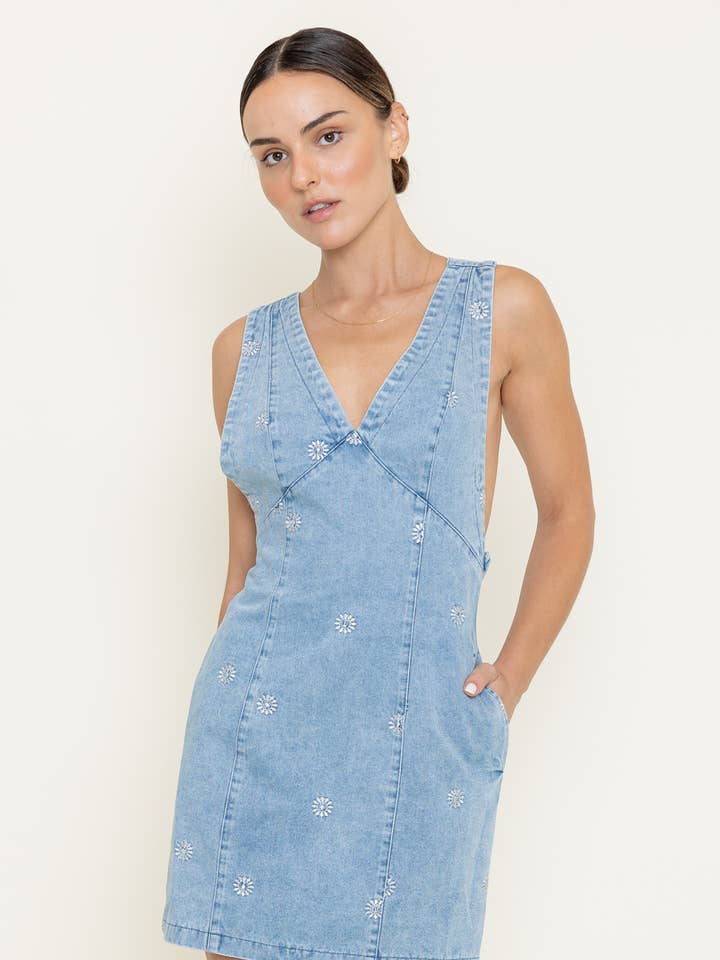 DENIM RETRO FLOWER DAISY EMBROIDERED VNECK MINI DRESS-DI9852FO for wholesale on Faire