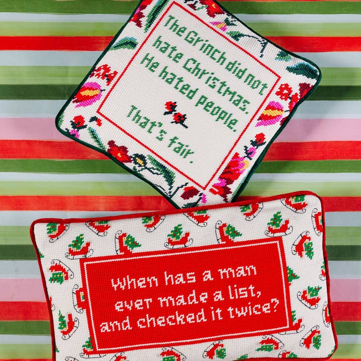 Furbish Studio – wholesale Throw/decorative pillow – Check it Twice Needlepoint Pillow3