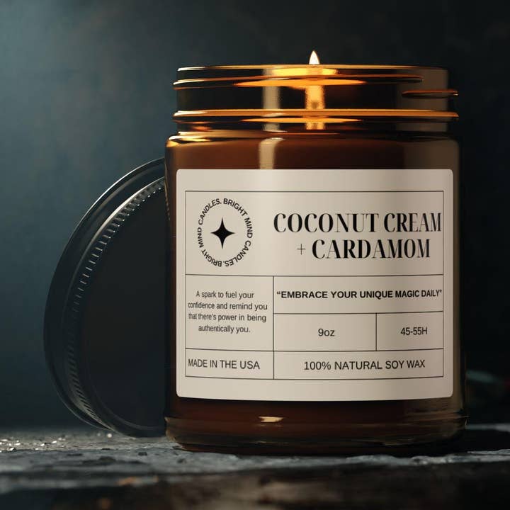 Coconut Cream & Cardamom Scented Soy Personalized Candle for wholesale by Bright Mind Candles