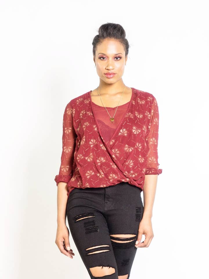 Dancing Fans Wrap Blouse in Berry Copper for wholesale by Symbology