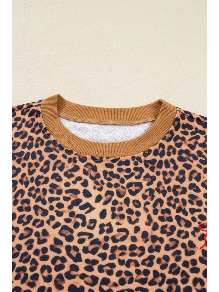 Khaki Leopard Bow Embroidered Pullover and Pants Set for wholesale on Faire7