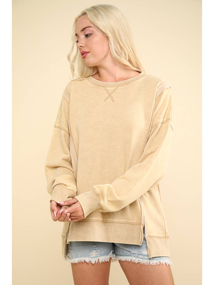 VERY J - Wholesale Knit Top - Women's - NT11399-Mineral Washed French Terry Oversized Knit Top