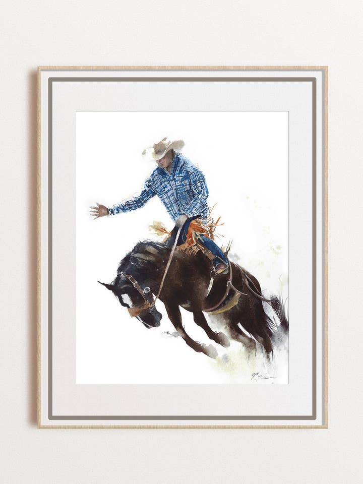 Cowboy Watercolor Print Horse Rodeo Wall Art Giclee for wholesale by Yuliasheart