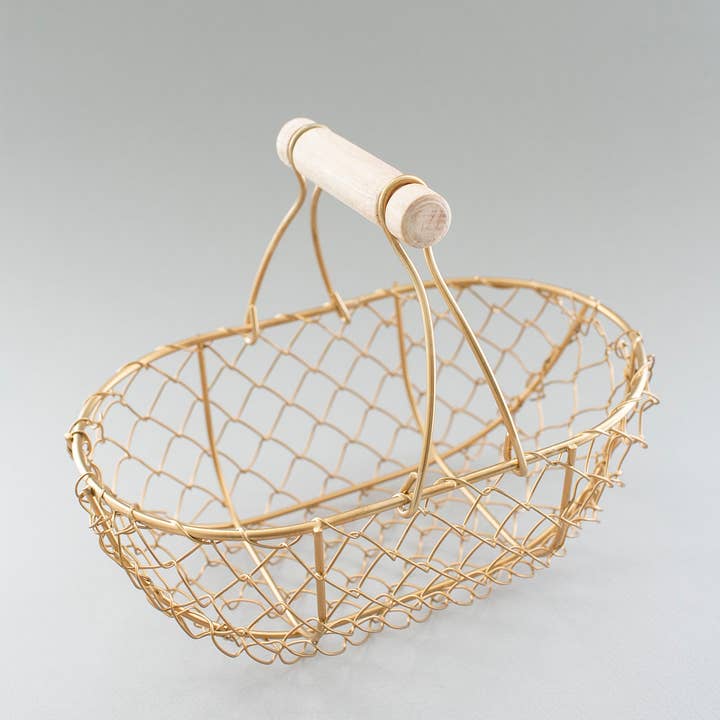 Indy Supply Co - Wholesale Basket - Petite Champagne Gold Fixed Handle Shallow Wire Basket