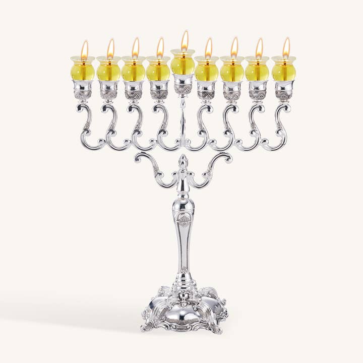 Oil Menorah - 14 Inches - Silver Plated for wholesale by Ner Mitzvah