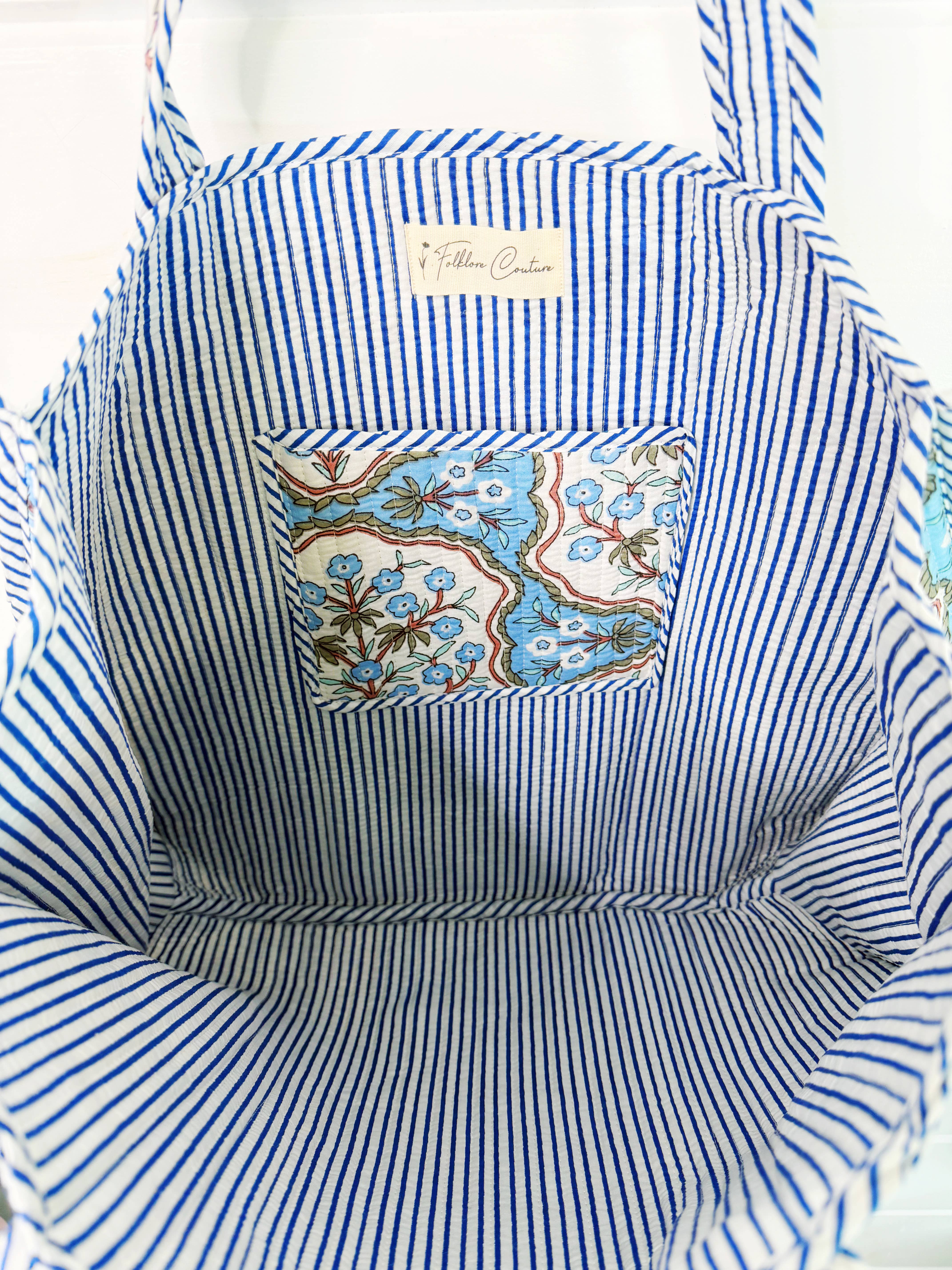 Folklore Couture - Wholesale Tote Bag - Women's - Tote Bags Quilted | Large Travel Tote | Blue Petals Print3