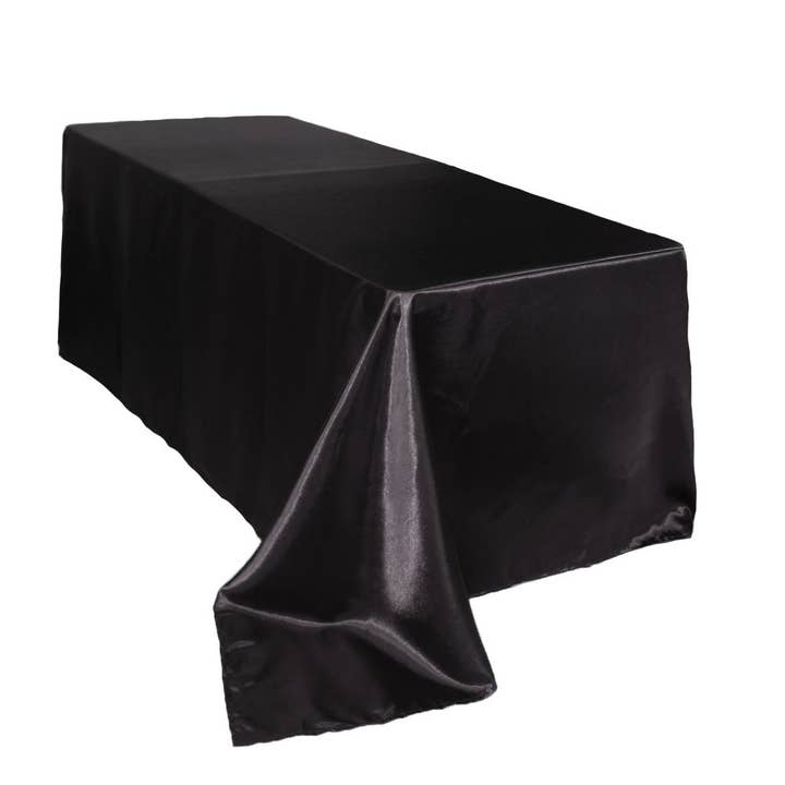 90 x 132 inch Satin Rectangular Tablecloth Black for wholesale by YOUR CHAIR COVERS