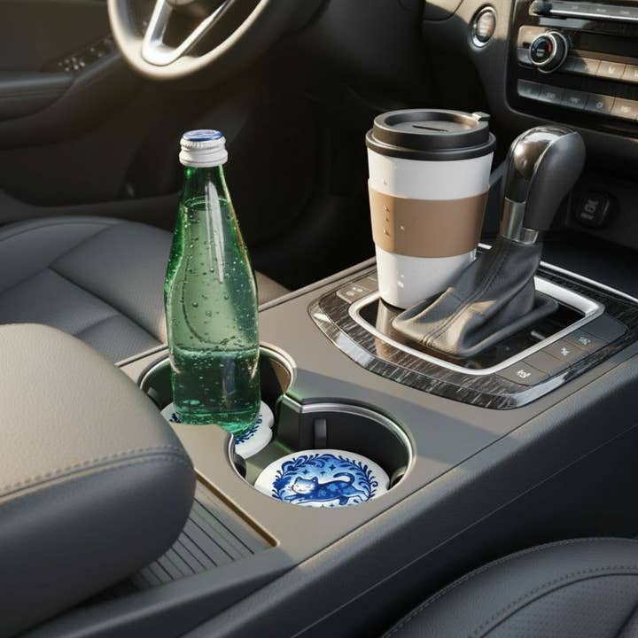 Designs by Mysh - Wholesale Car Coaster - Women's - Blue Floral Cat Ceramic Car Coaster Set – 2.56" Decorative Car Accessories for Cat Lovers2