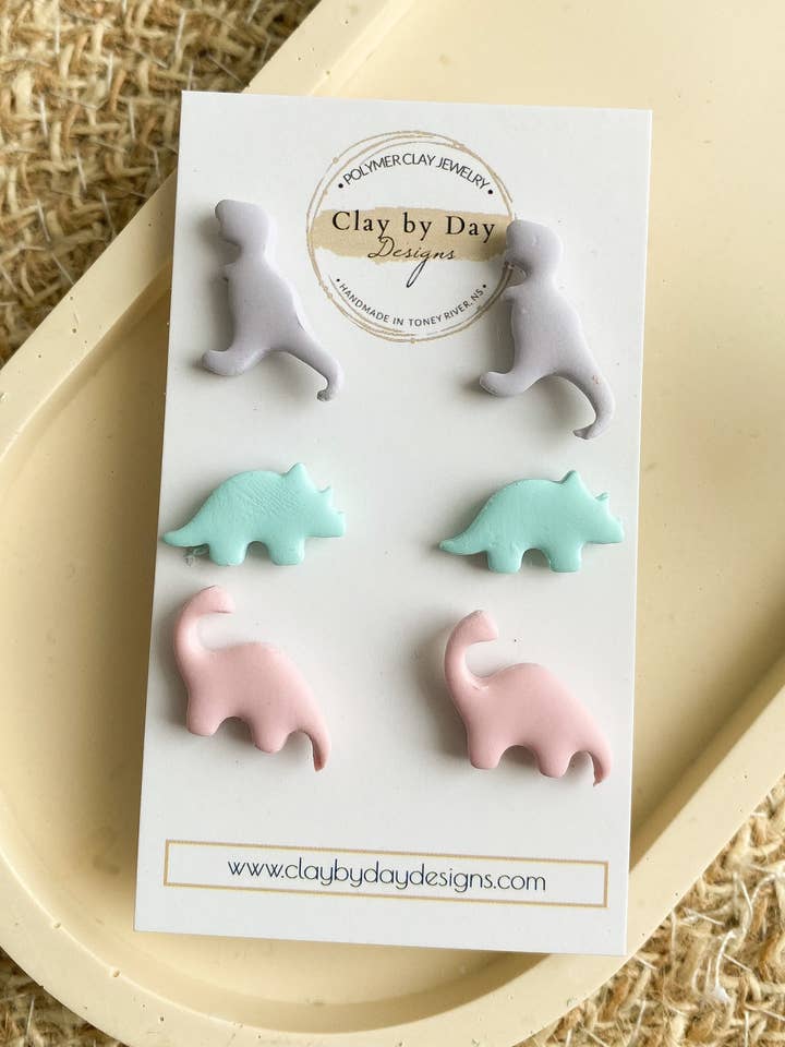 Spring Pastel Dinosaur Stud Earrings for wholesale by Clay by Day Designs