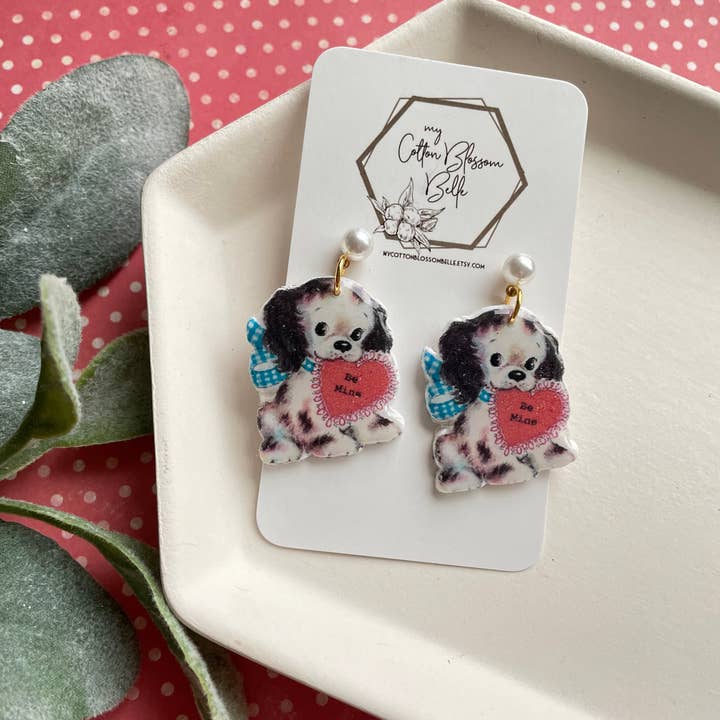 Vintage Valentine Clay Earrings with Puppies and Hearts for wholesale by My Cotton Blossom Belle