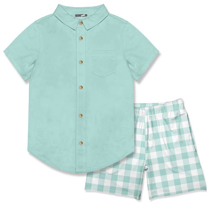 Mint Short-Sleeve Button-Up & Pocket Shorts for wholesale by Millie Loves Lily