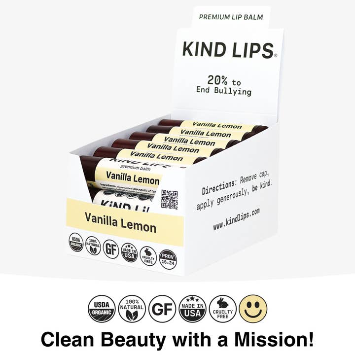Kind Lips - Wholesale Lip Balm - Vanilla Lemon Organic Lip Balm - 12 Tube Display Open Pack