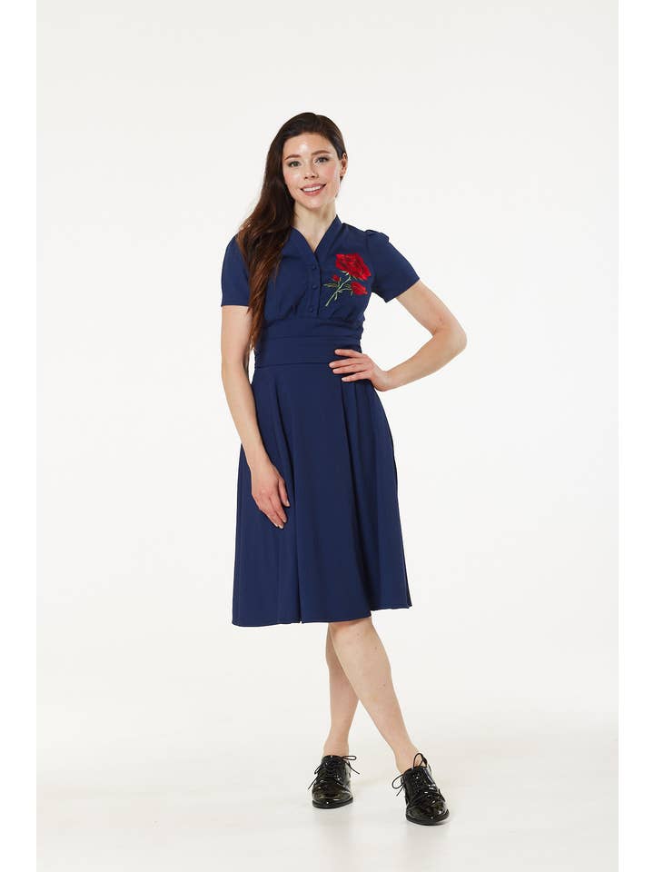 Timeless London – wholesale Dress – Women's – Reema Short Sleeve Midi Dress Navy with Red Rose Embroidery