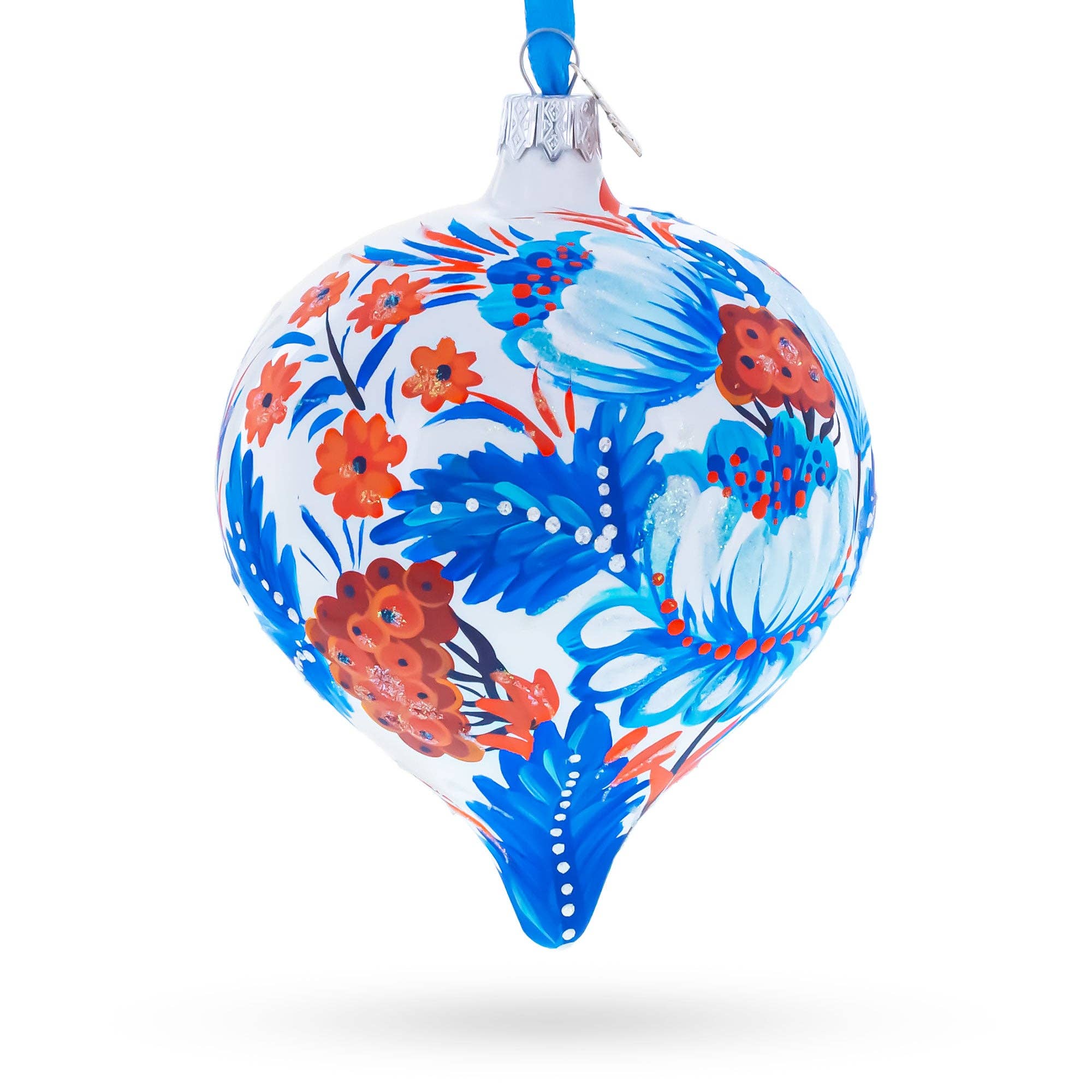BestPysanky – wholesale Ornament – White and Blue Floral Blossom Onion-Shape Finial Glass Christmas Ornament0