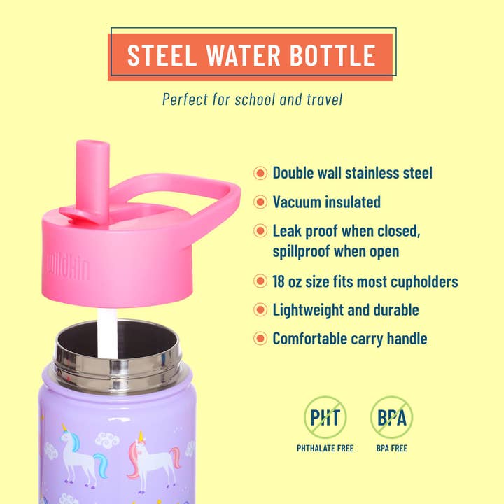 Wildkin - Wholesale Water Bottle - Unicorn 18 oz Steel Water Bottle1