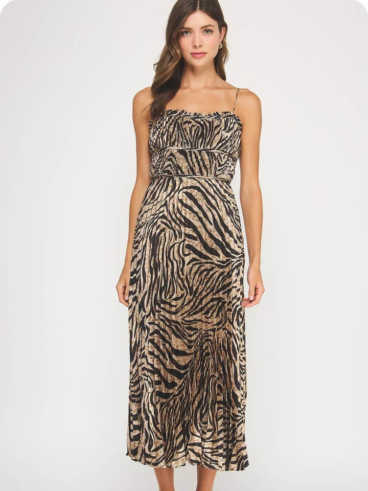 Zebra-Print Plissiertes Satin-Midikleid für den Großhandel von Strut & Bolt