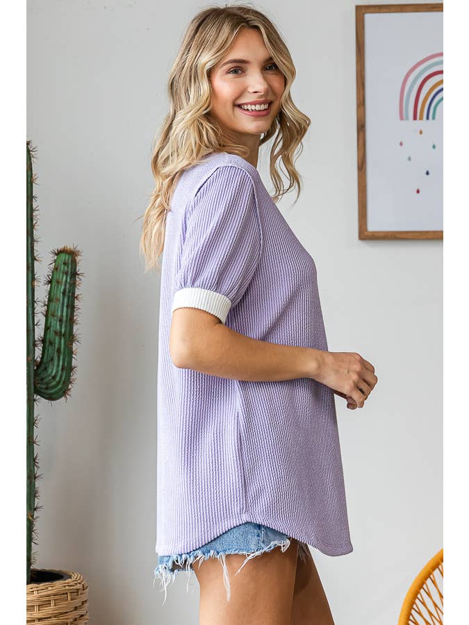 7th Ray - Wholesale Knit Top - Women's - Rib Solid Contrast Button Front Short Sleeve Top T5449
