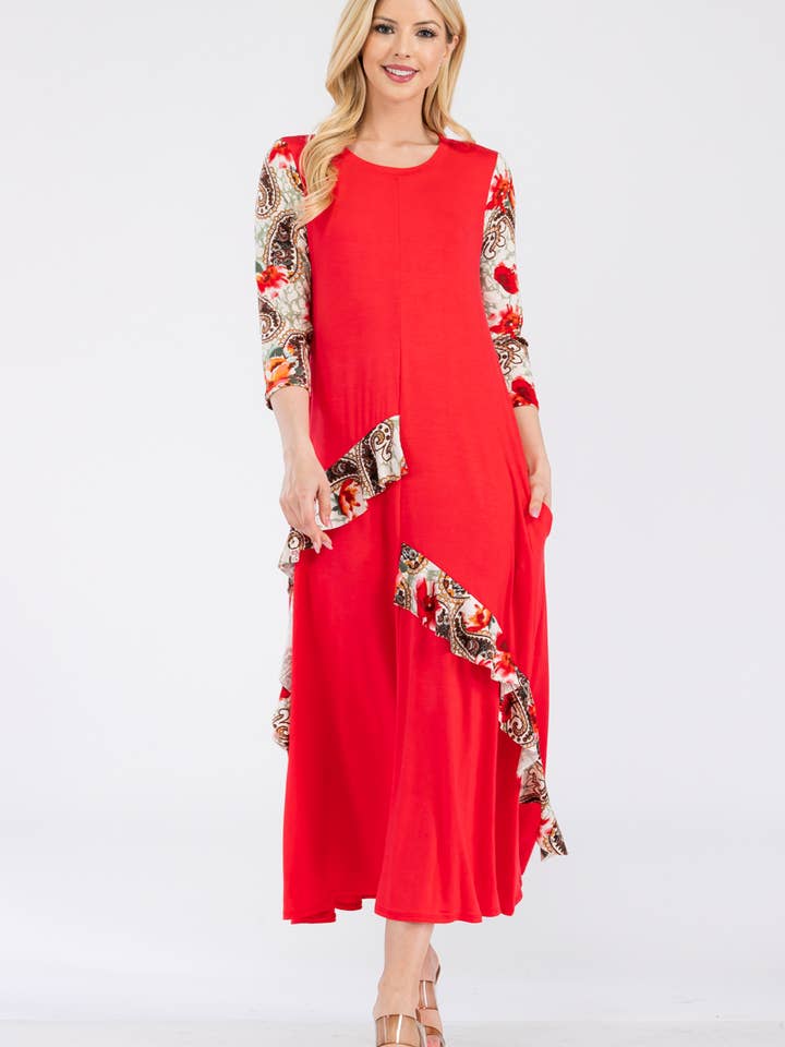 MODEST MIDI-DRESS WITH CONTRASTING RUFFLE DETAIL -CD43841 for wholesale by Celeste Clothing