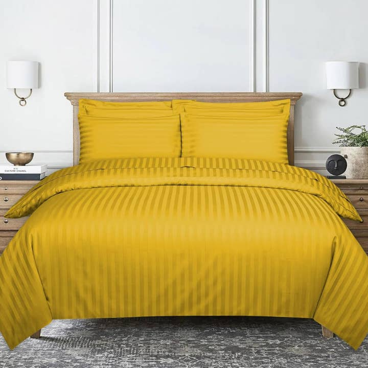 Mfiber Satin Stripe Bedding Set with Pillowcases –Ochre for wholesale by The Fitted Sheets