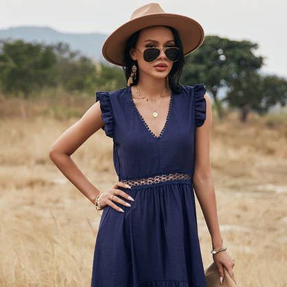 V Neck Solid Sleeveless Ruffle Dress for wholesale by Supreme Fashion