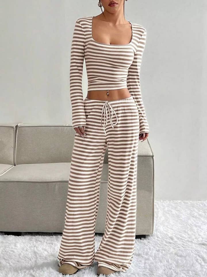 Striped Long Sleeve Crop Top and Wide Leg Pants Set for wholesale by React Activewear