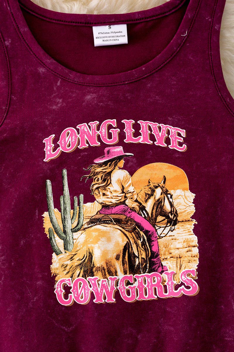 Kids Charm Online - Vente T-shirt sérigraphié – enfant - "Vive les cowgirls" haut graphique bordeaux imprimé avec franges. TPG40429 SOL1