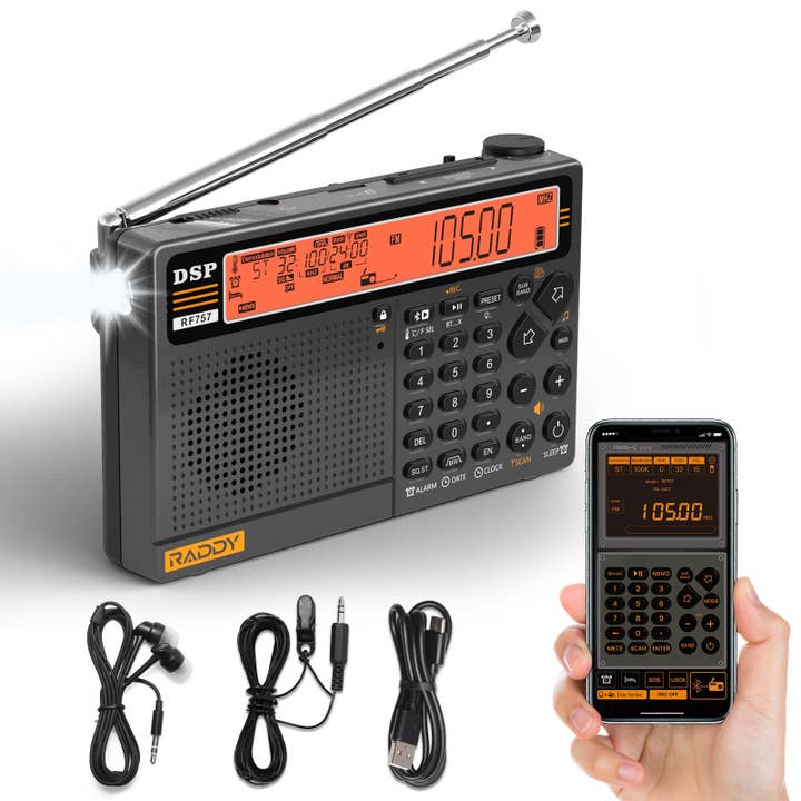 Radioddity - Wholesale Portable Charger - Raddy RF757 Shortwave Radio | APP Control | AM/FM/SW/VHF/UHF/CB/AIR/NOAA | 1000 Presets | Bluetooth 5.0 | 2500mAh Battery1