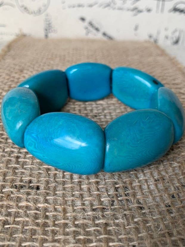Oversized turquoise beaded bracelet Tagua nut jewelry Wide cuff bangle Handmade stretch bangle Spring jewelry Huge beads Statement handmade for wholesale by Galapagos Tagua