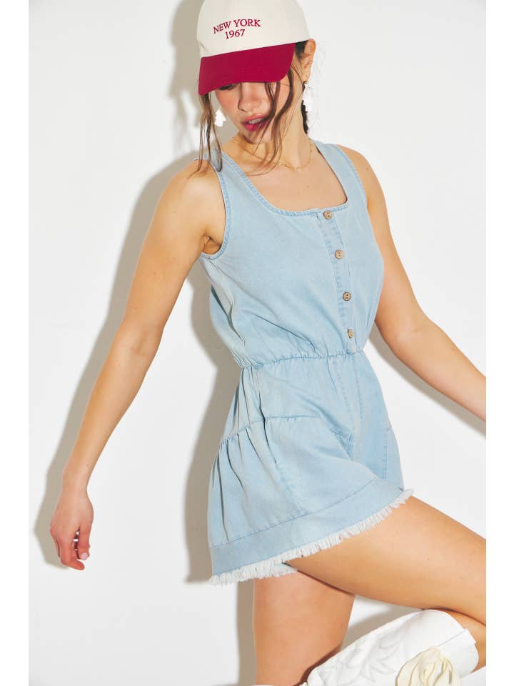 WASHED DENIM ROMPER WITH DISTRESSED DETAILING for wholesale on Faire