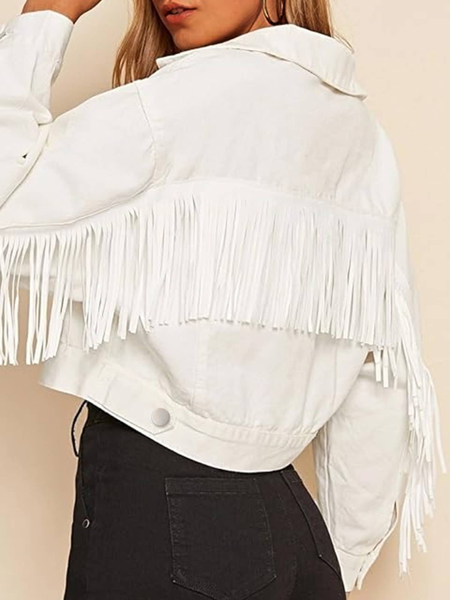 Women's White Fringe Cropped Denim Jacket for wholesale on Faire2