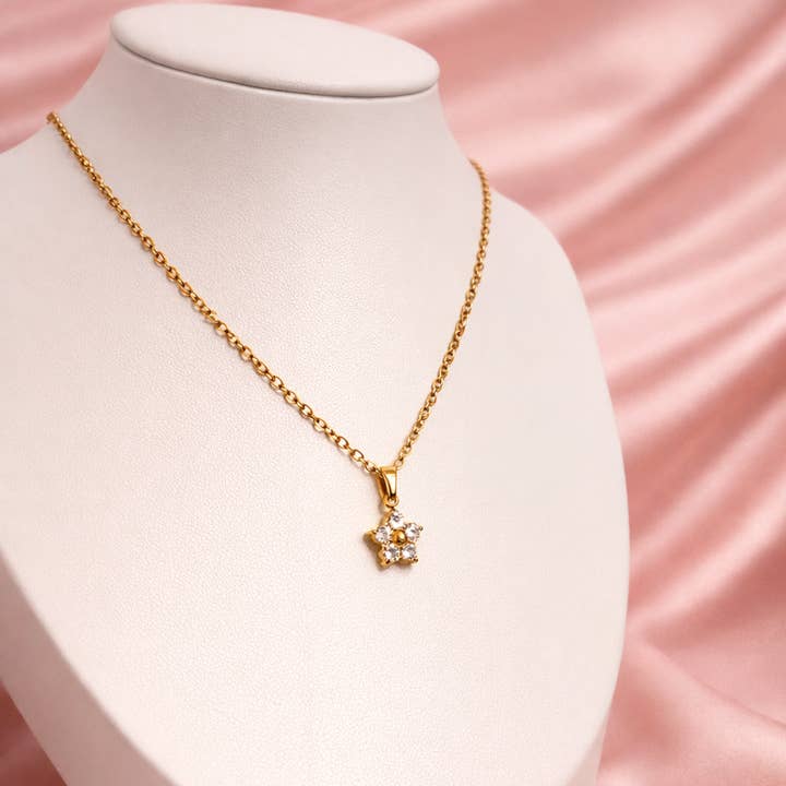 Crystal Flower Pendant Gold Necklace for wholesale by Mallie London