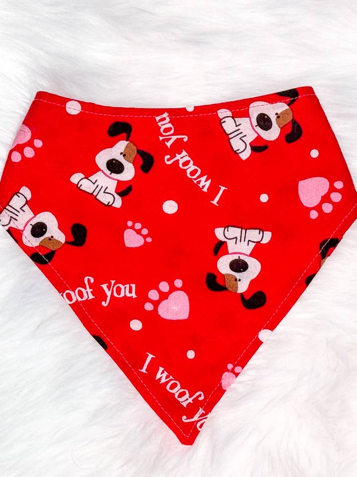Reversible Elastic Dog Bandana – Valentine’s I Woof You for wholesale by Blonde Sausage Co.