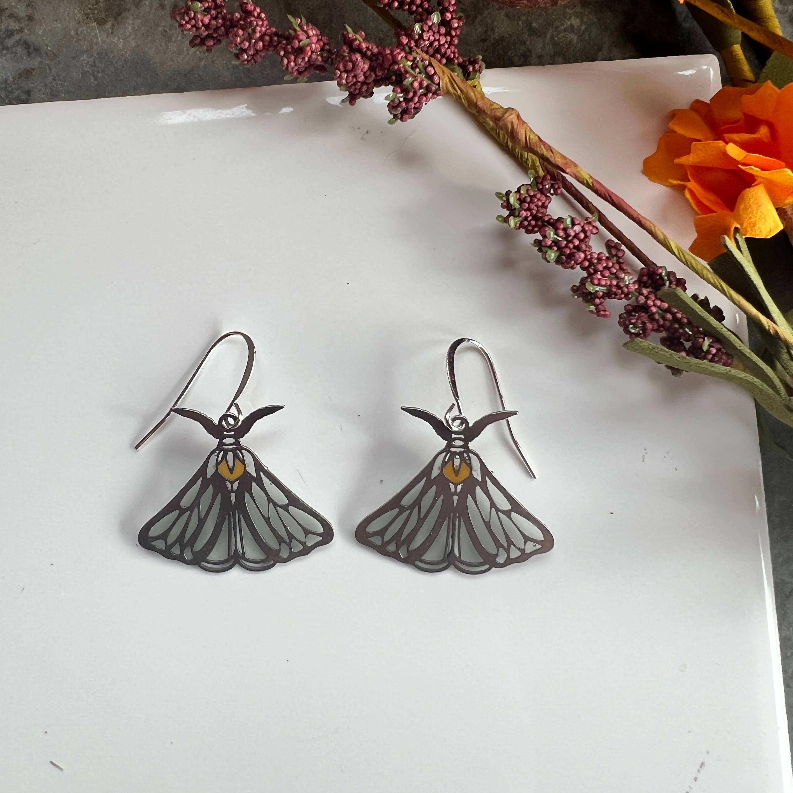 Wild Lupine Folkcraft - Wholesale Dangle Earrings - Luna Moth // stained glass resin earrings