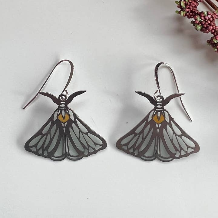 Luna Moth // stained glass resin earrings for wholesale by Wild Lupine Folkcraft