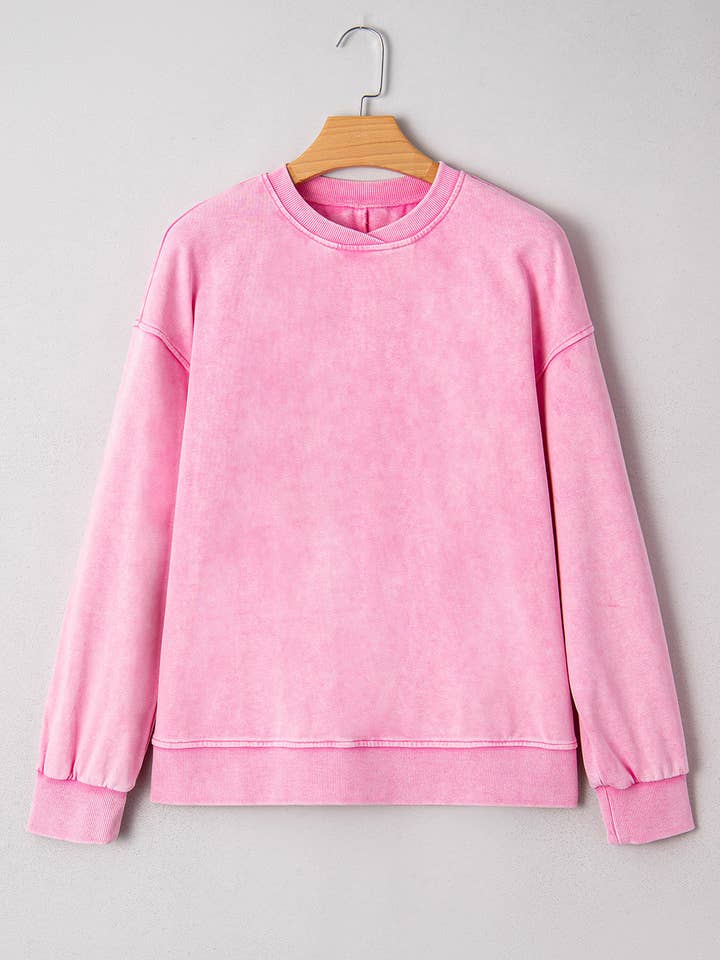 Bright Pink Mineral Wash Crossed Crew Neck Drop Shoulder Loose Sweatshirt for wholesale by Sweet Lover Fashion