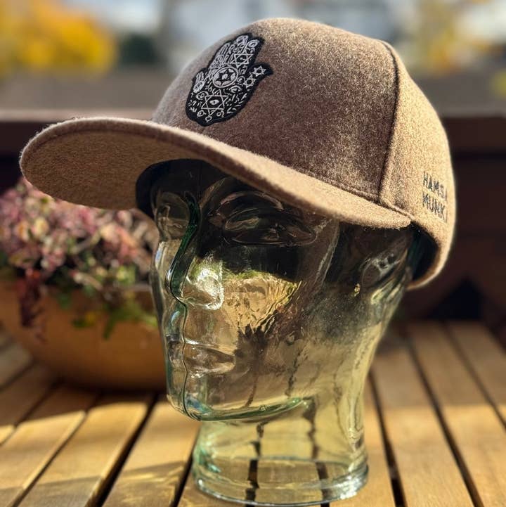JEWISHJOY.co - Wholesale Flat Brim Cap - Unisex - Brown Cashmere Hamsa Hat - Jewish Gift0
