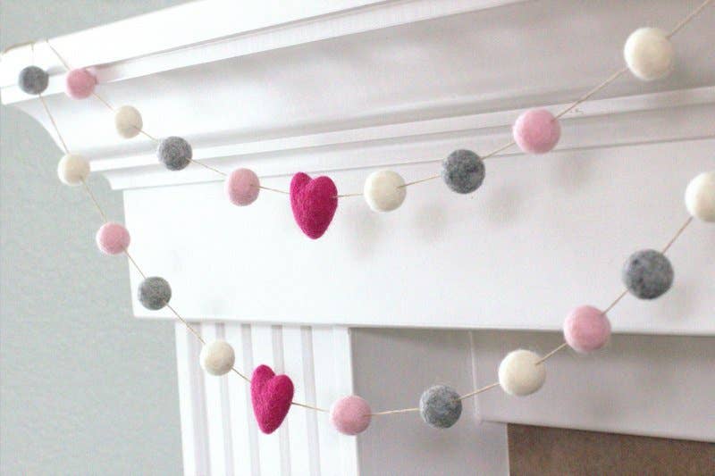 Matthew + Mae - Wholesale Bunting/Garland - Valentine's Day Garland- Pinks Gray White Felt Balls, Hearts4