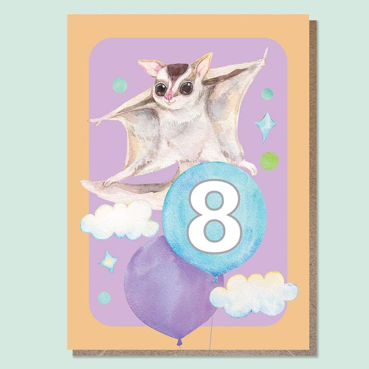 Number 8 Card, Cute Australian Animal Kid, Sugar Glider for wholesale by Watercolour By Cat