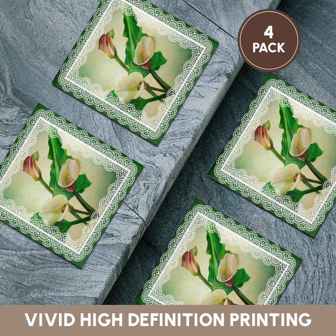 3dRose - Wholesale Coasters - 3dRose, Three calla lilies painted against green background bordered in lace, Coaster5