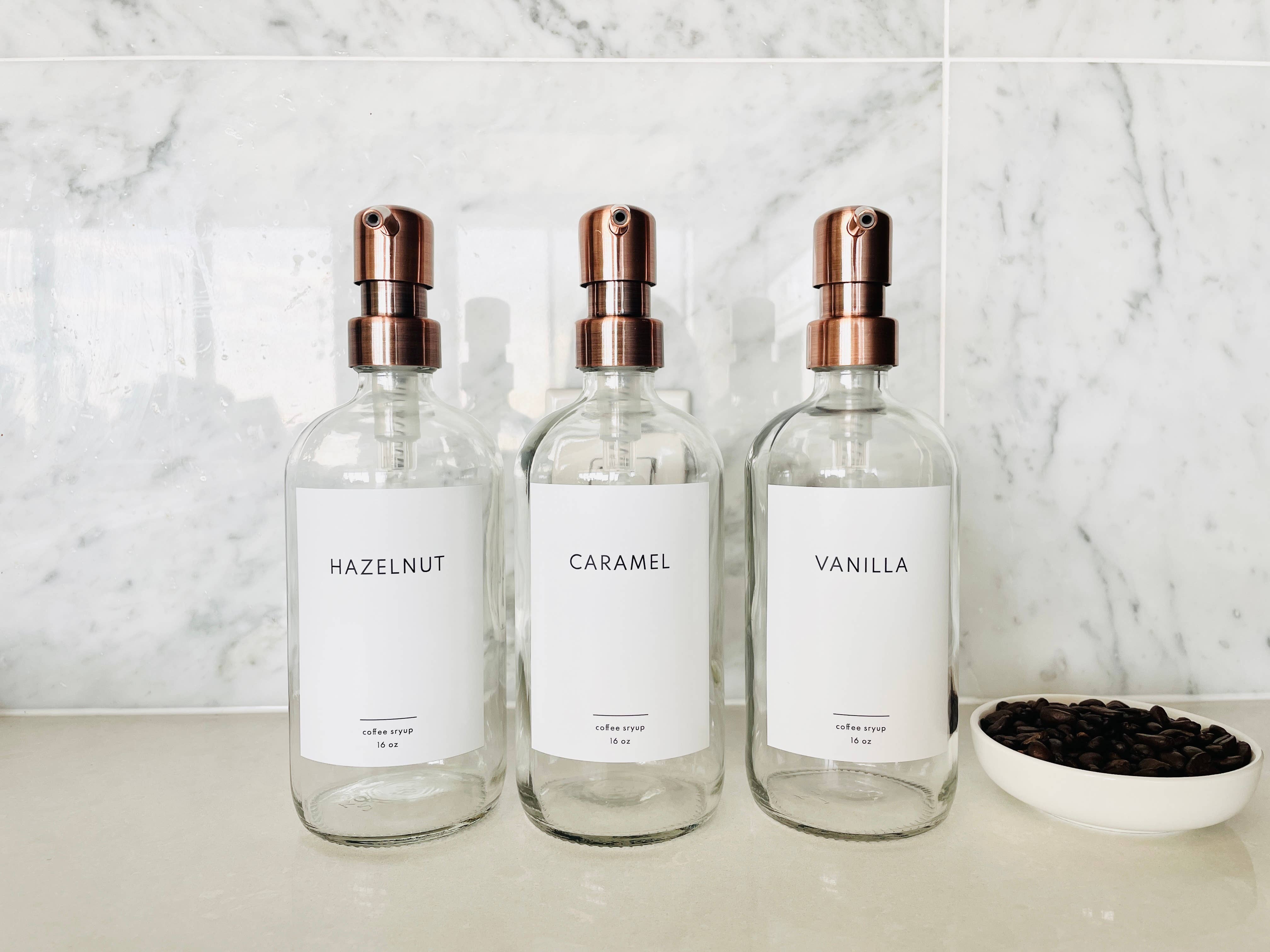 The Little Spruce Home - Wholesale Cocktail Shaker - 16 oz Clear Glass Coffee Syrup Bottles - Minimalist Labels1