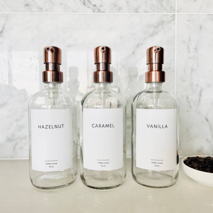 The Little Spruce Home - Wholesale Cocktail Shaker - 16 oz Clear Glass Coffee Syrup Bottles - Minimalist Labels1
