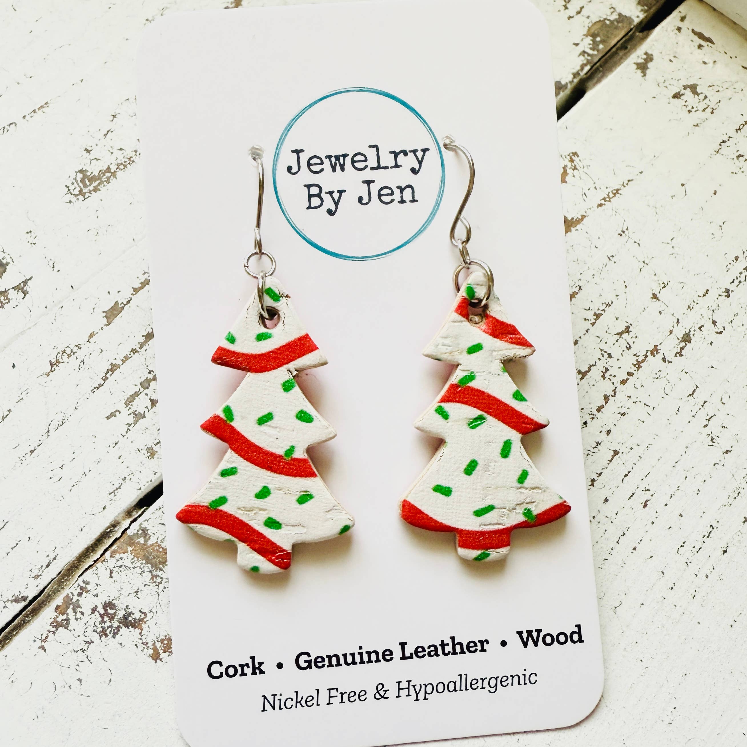 Jewelry By Jen - Wholesale Dangle Earrings - Christmas Tree Earrings: White w/Green & Red1
