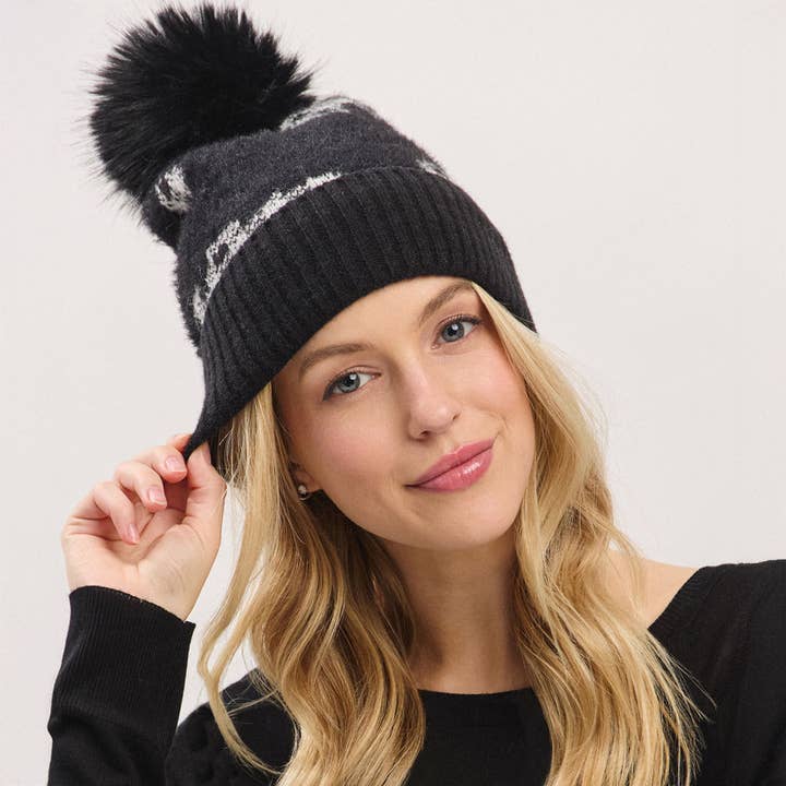 Paid Pattern Faux Fur Mixed Fleeced Pom Pom Winter Beanie Hat for wholesale by Madeline Love
