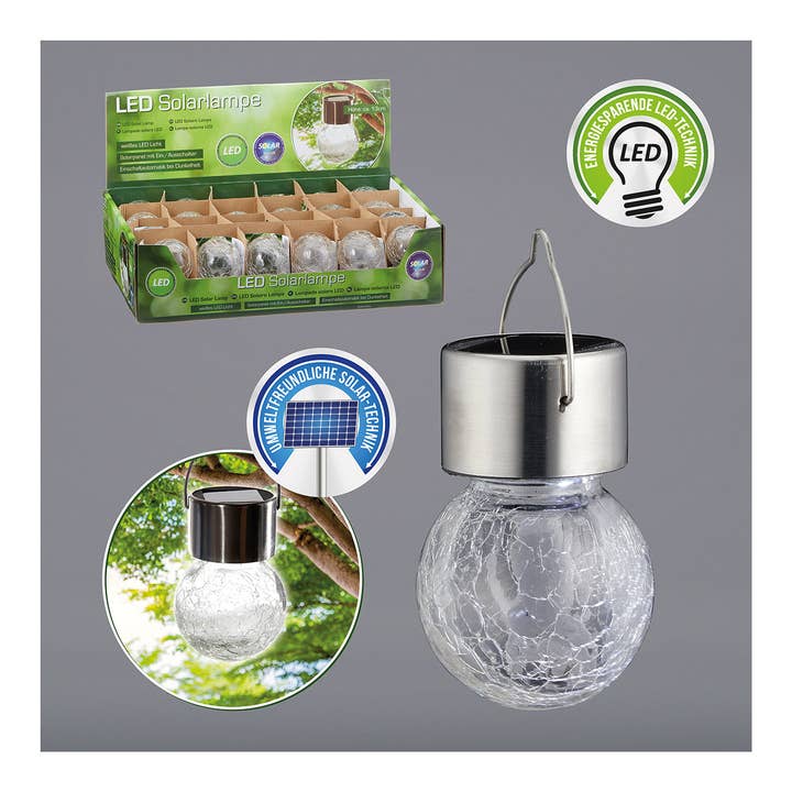 Solcellelampe LED Crackle af glas, rustfrit stål, plastik af glas transparent, varm hvid, (B/H/D) 6x13x6cm inkl. 1x1,2V Ni-Mh 200mAH. 2/3AAA, tænd/sluk-knap, for engroshandel hos Wurm