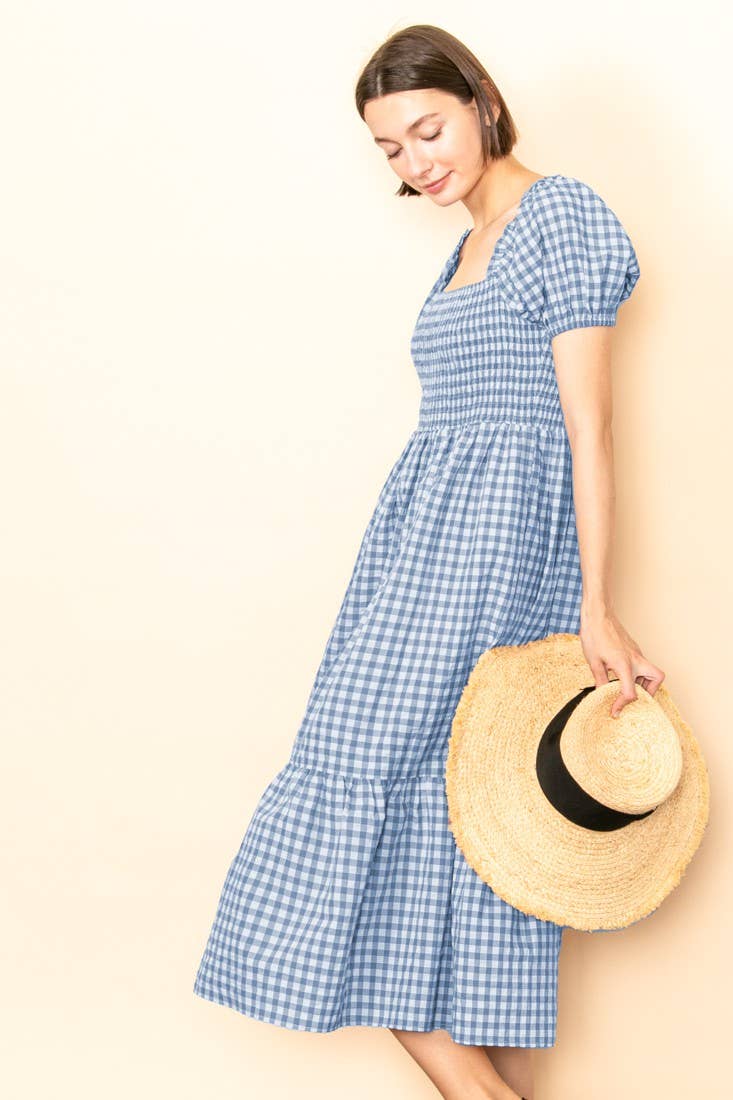 Elloh Collection - Wholesale Dress - Women's - Gingham Puff Sleeves Smocked Chest Midi Dress with Pockets11
