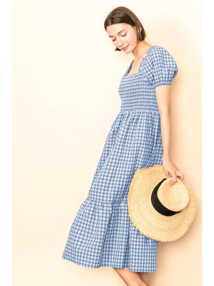 Elloh Collection - Wholesale Dress - Women's - Gingham Puff Sleeves Smocked Chest Midi Dress with Pockets11