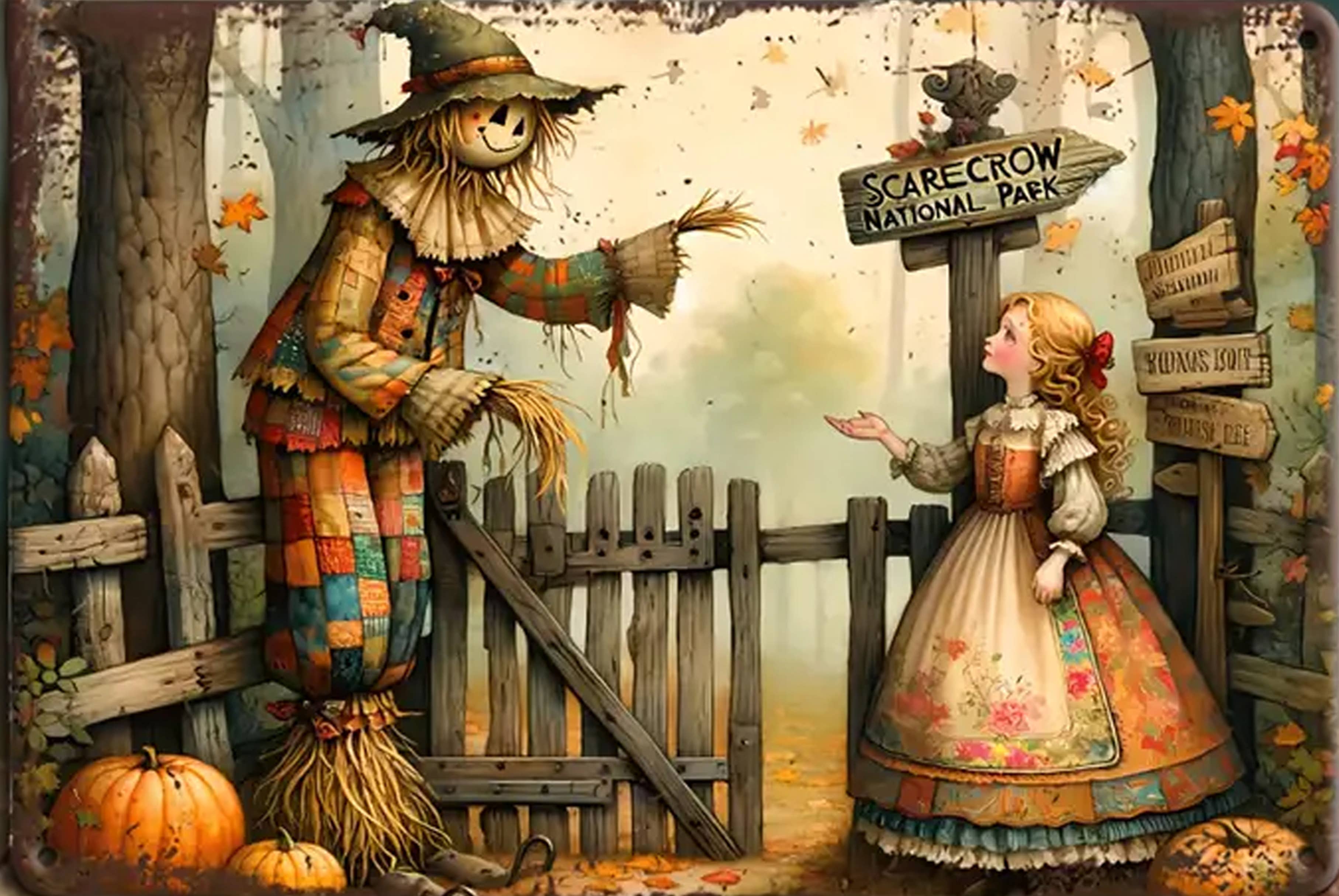 Bad Bunny Designs - Wholesale Sign - Scarecrow At Fence With Girl      Fall    12x18 Metal Sign  2